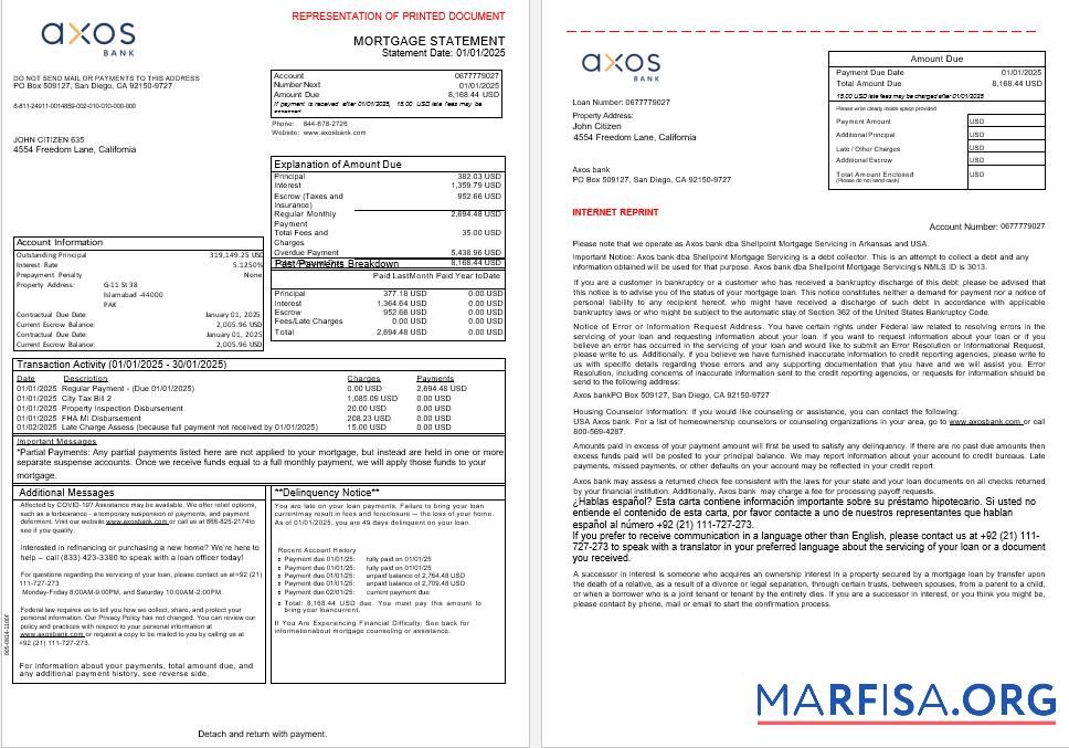 Printable USA Axos Bank mortgage statement in Word and PDF formats, 3 pages 1 2 real example